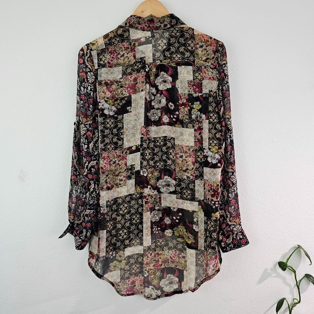 Band of Gypsies Womens Sz XS Sheer Floral Roll Tab Sleeve Blouse Casual Boho Top - Picture 10 of 12
